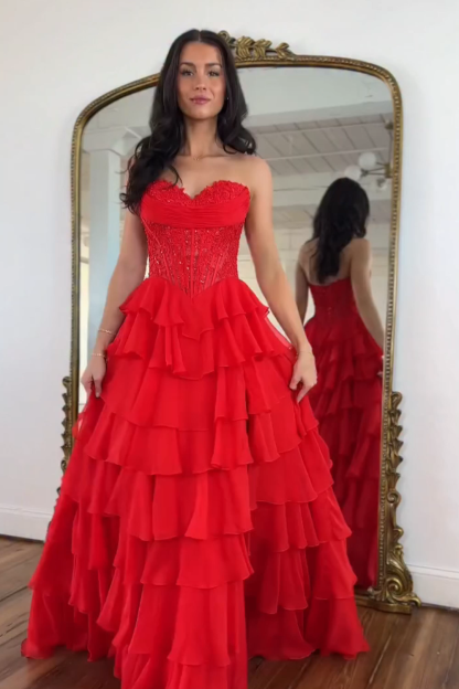 Red A-Line Sweetheart Tiered Ruffled Long Corset Prom Dress with Lace