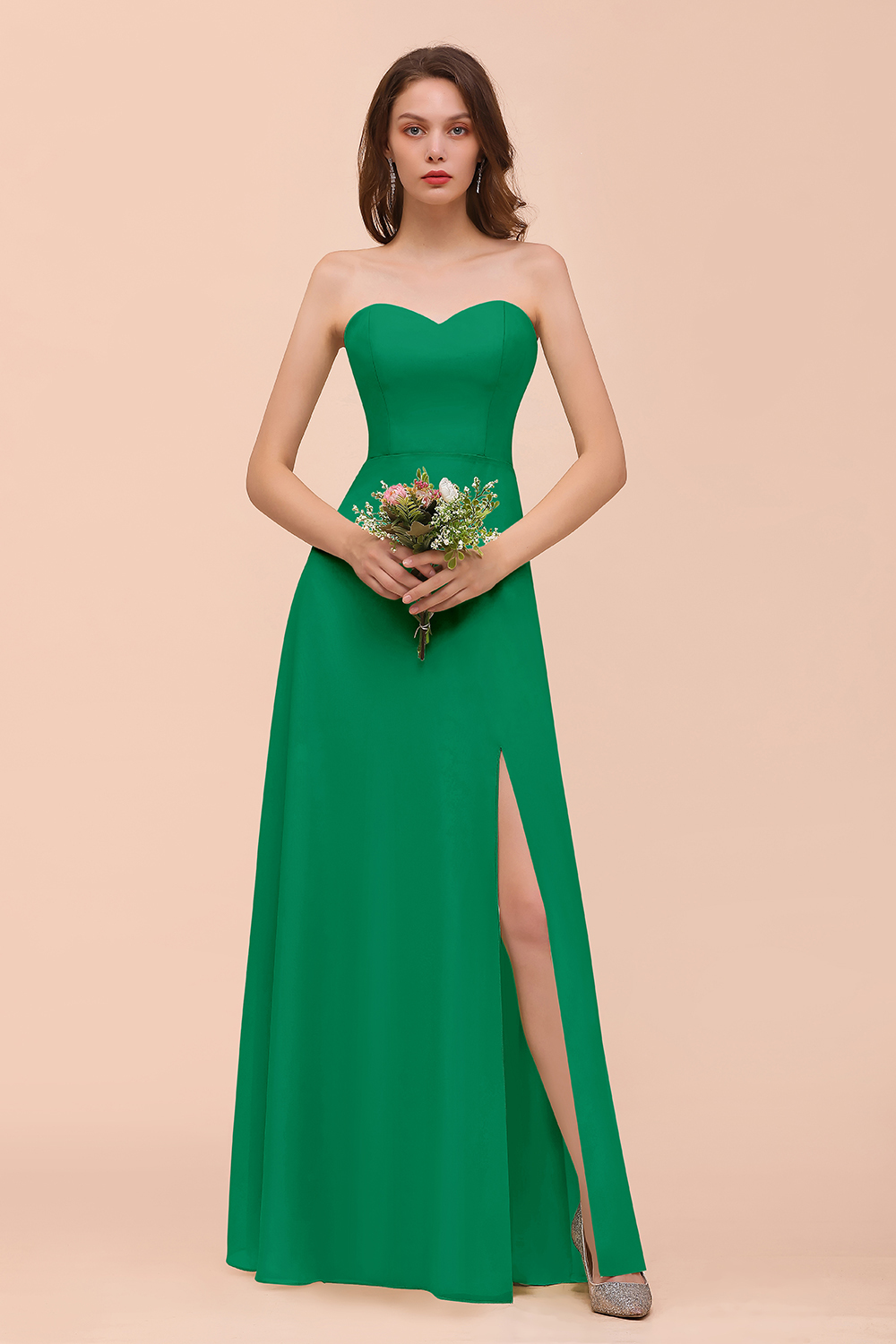 BMbridal Affordable Strapless Front Slit Long Dusty Sage Bridesmaid Dress-BMbridal