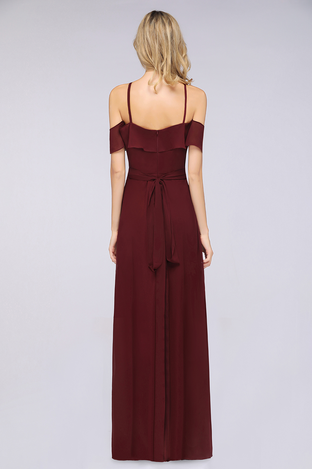 BMbridal Affordable Spaghetti Straps Burgundy Long Bridesmaid Dress With Bow Sash-BMbridal