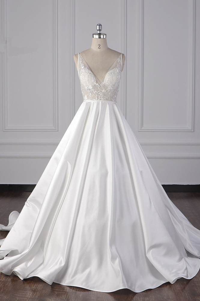 BMbridal Elegant Satin V-Neck Wedding Dress Lace Appliques Sleeveless Bridal Gowns On Sale-BMbridal