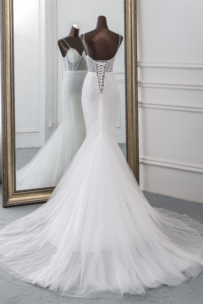 BMbridal Sexy Tulle Spaghetti Straps Mermaid White Wedding Dresses with Rhinestones Online