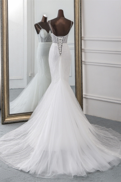 BMbridal Sexy Tulle Spaghetti Straps Mermaid White Wedding Dresses with Rhinestones Online