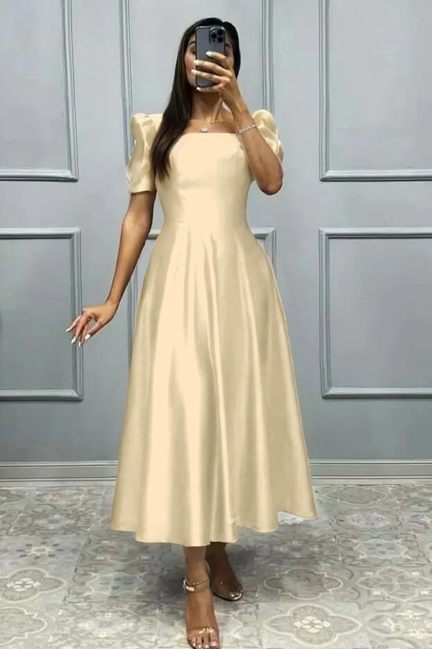 Elegant Square A Line High Waist Pleated Prom Dress With Short Sleeves