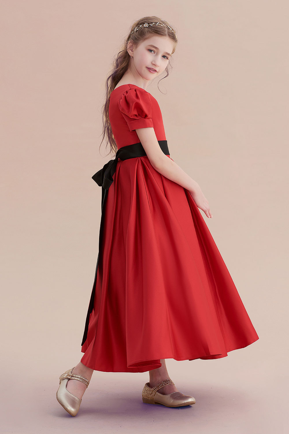 BMbridal A-Line Awesome Short Sleeve Satin Flower Girl Dress Online-BMbridal