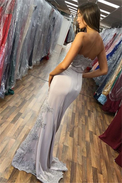 Bmbridal Strapless Mermaid Prom Dress Lace Appliques With Slit