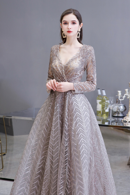 BMbridal Sexy V-Neck Long Sleeve Prom Dress Appliques A-Line Evening Gowns