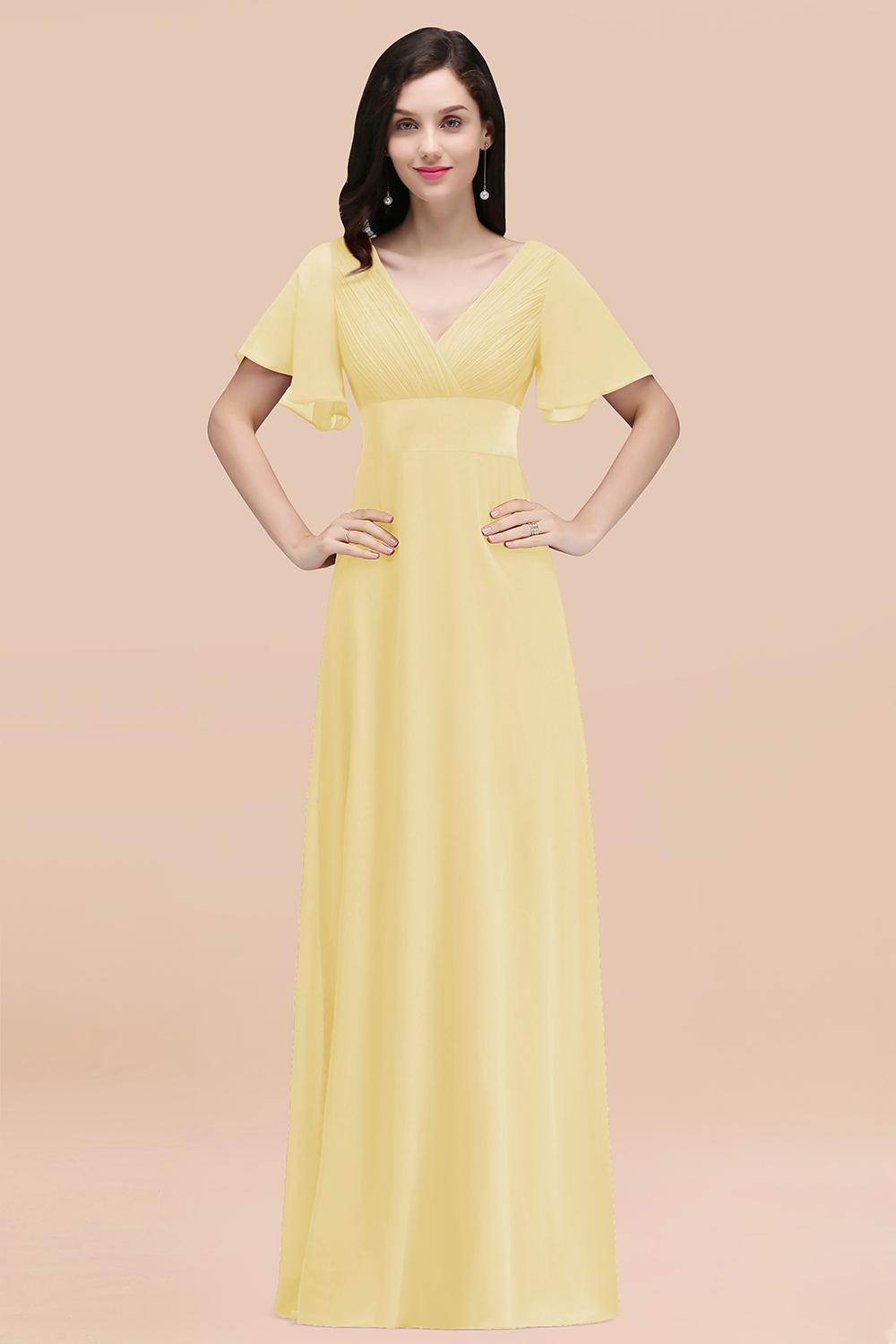 BMbridal Affordable V-Neck Ruffle Long Burgundy Bridesmaid Dress With Short-Sleeves-BMbridal