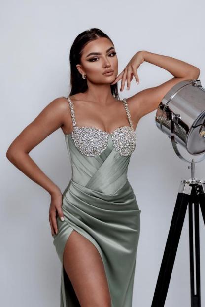 Fabulous Mermaid Sweetheart Spaghetti Straps Sleeveless Sequined Satin Prom Dresses with Slit