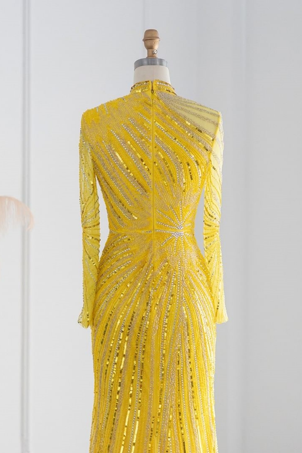 Bmbridal Yellow Floor-Length Long Sleeves High Neck Tulle Prom Dresses with Beadings