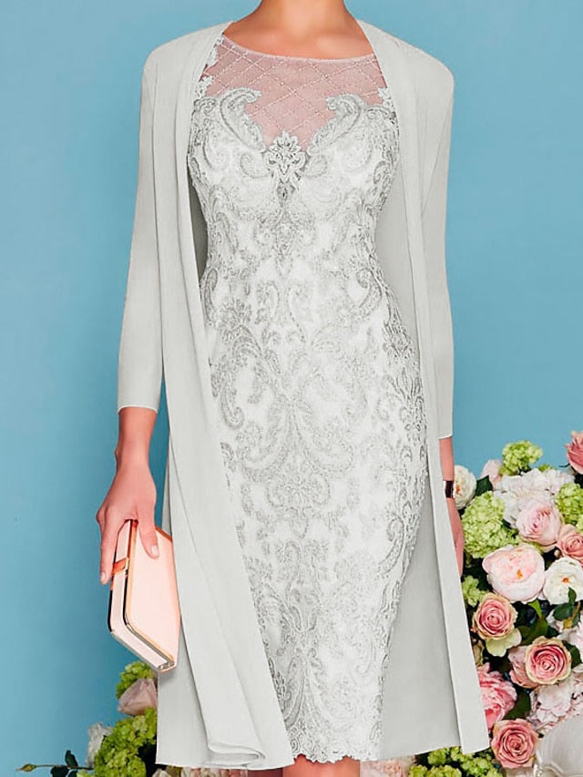 Long-Sleeve Knee-Length Sheath/Column Mother of the Bride Dress with Lace Beading Appliques-BMbridal