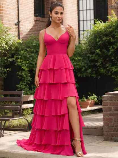 Yellow A Line V-Neck Ruffled Tiered Chiffon Prom Dress with Slit