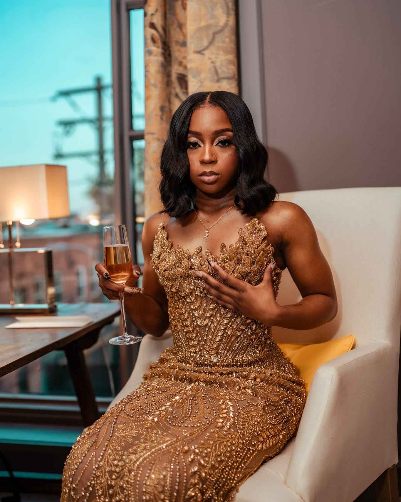 Champagne Elegance - Beaded Mermaid Prom Dress with Lace-Up Back