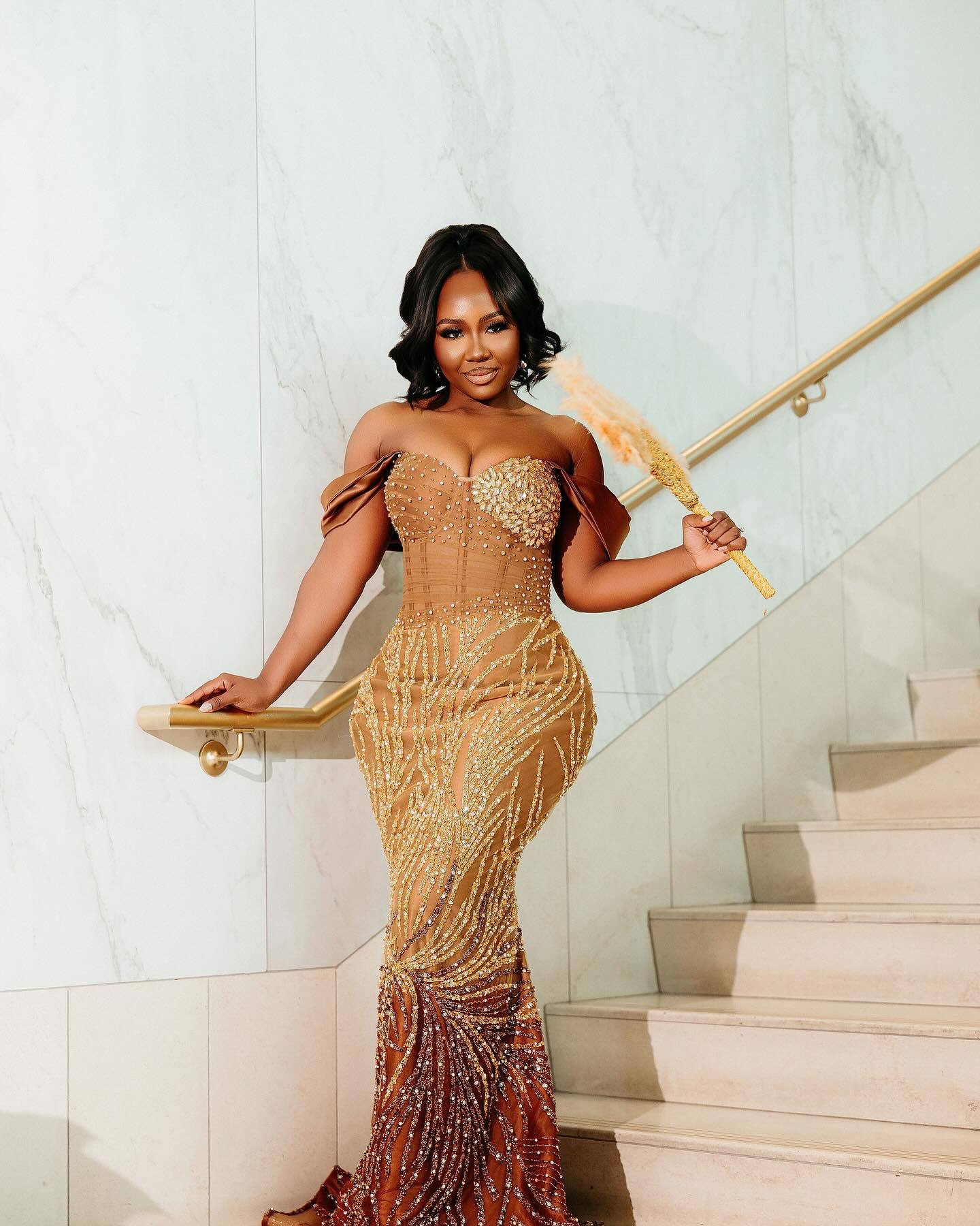 Golden Sunset - Ombre Beaded Mermaid Prom Dress with Feather Trim