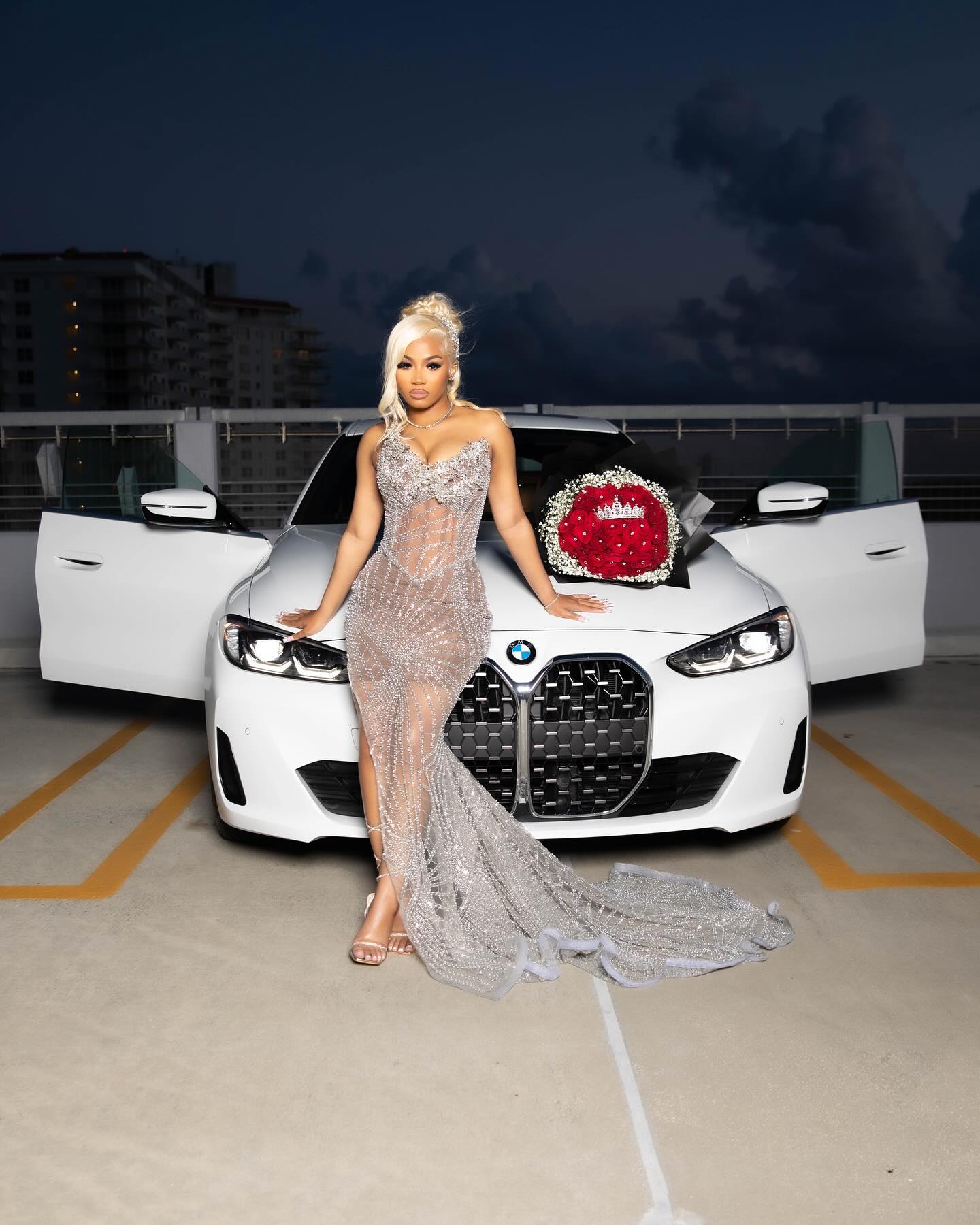 Silver Goddess - Sheer Crystal Beaded Prom Dress with High Slit