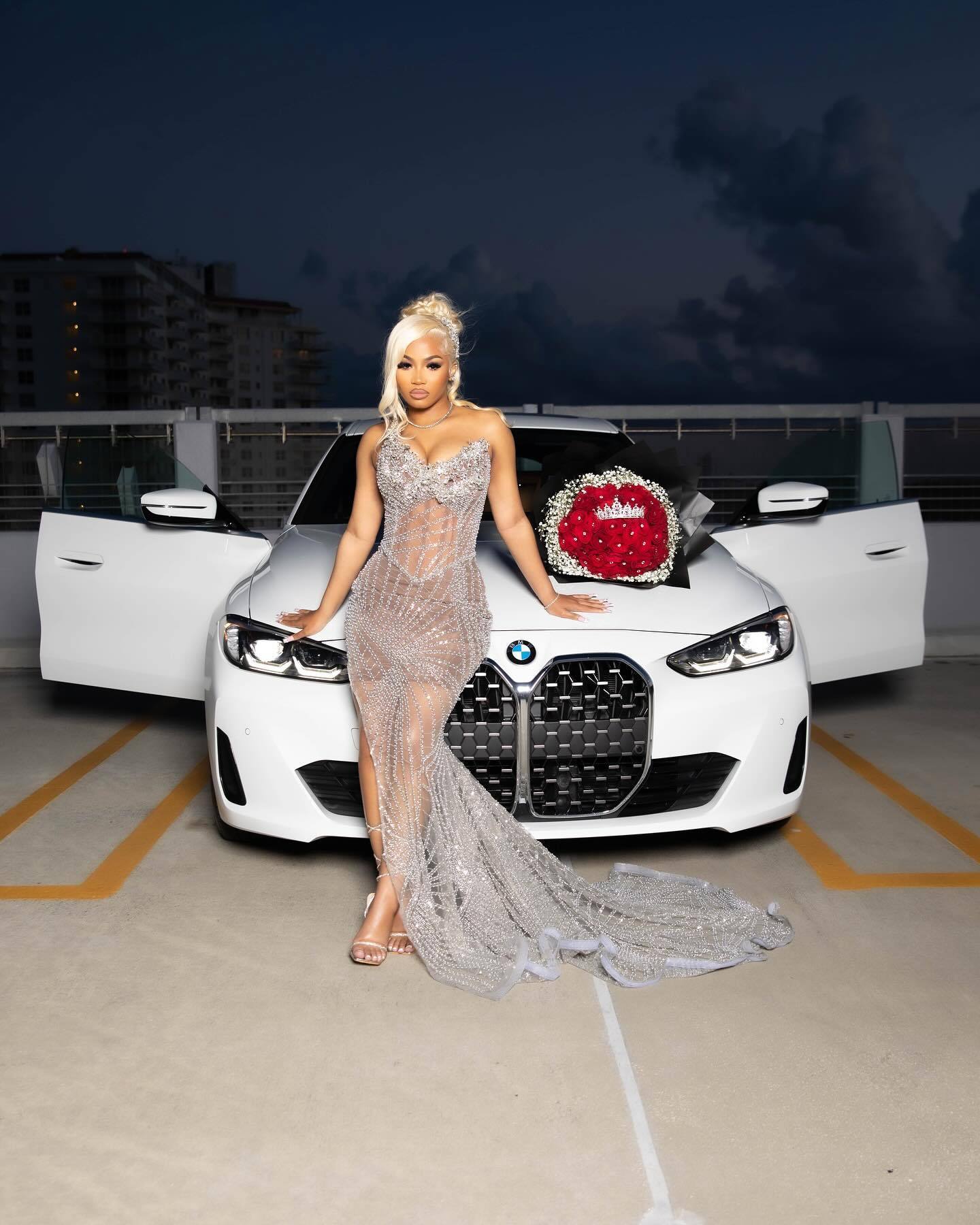 Silver Goddess - Sheer Crystal Beaded Prom Dress with High Slit