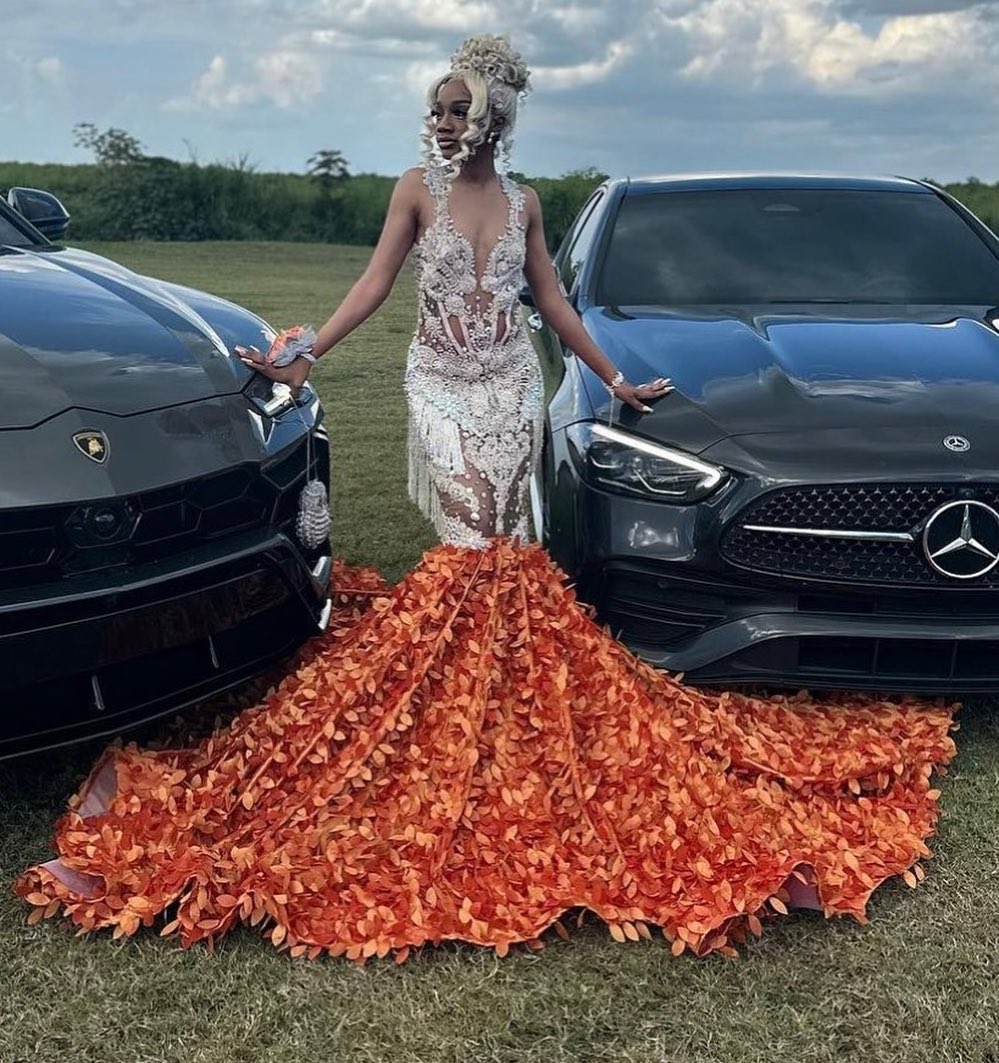 Orange Flame - Crystal Beaded Prom Dress with Massive 3D Petal Train