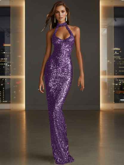 Glamorous Gold Sequin Halter Neck Mermaid Long Prom Dress