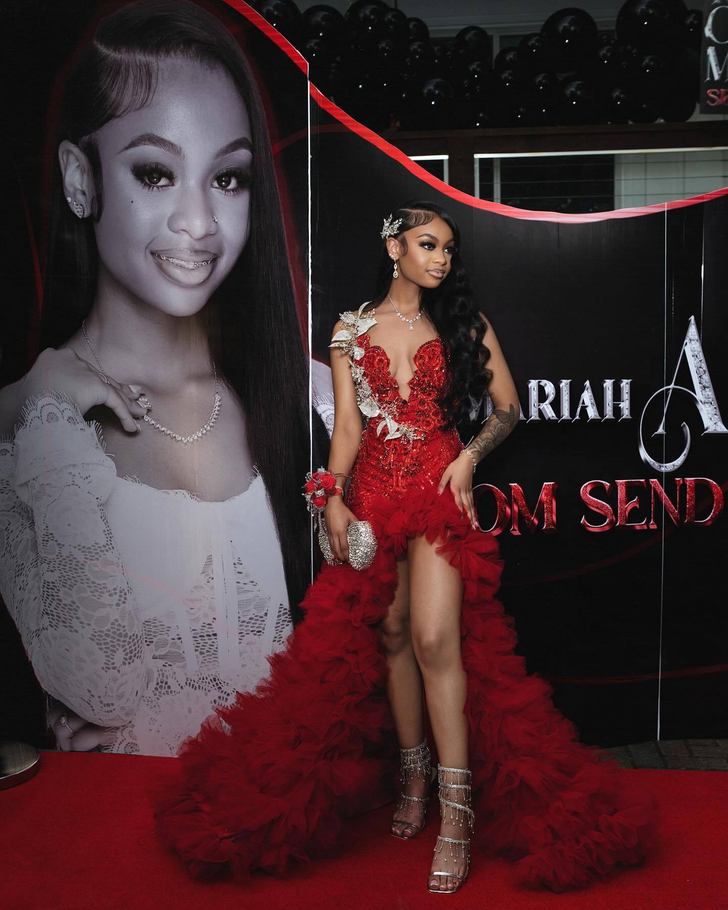 Scarlet Empress Red Sequin Gown – 3D Silver Lace & Tiered Ruffle Train