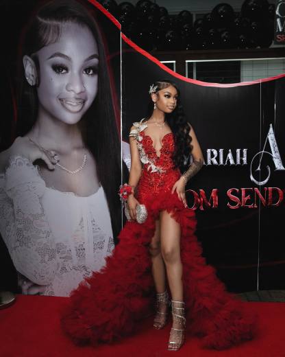 Scarlet Empress Red Sequin Gown – 3D Silver Lace & Tiered Ruffle Train