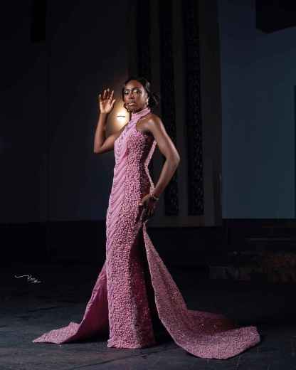 The Pink Pearl - 2026 Pearl Beaded Mermaid Gown: High Halter Neckline with Cascading Pearl Fringe Draping & Asymmetric Beadwork
