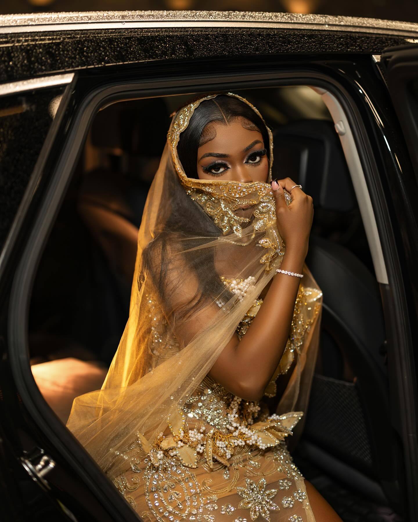 Luxury Champagne Gold Hooded Prom Dress – 3D Floral Appliqué Mermaid Gown with Cathedral Veil & High Slit | 2026 Couture Gala Collection