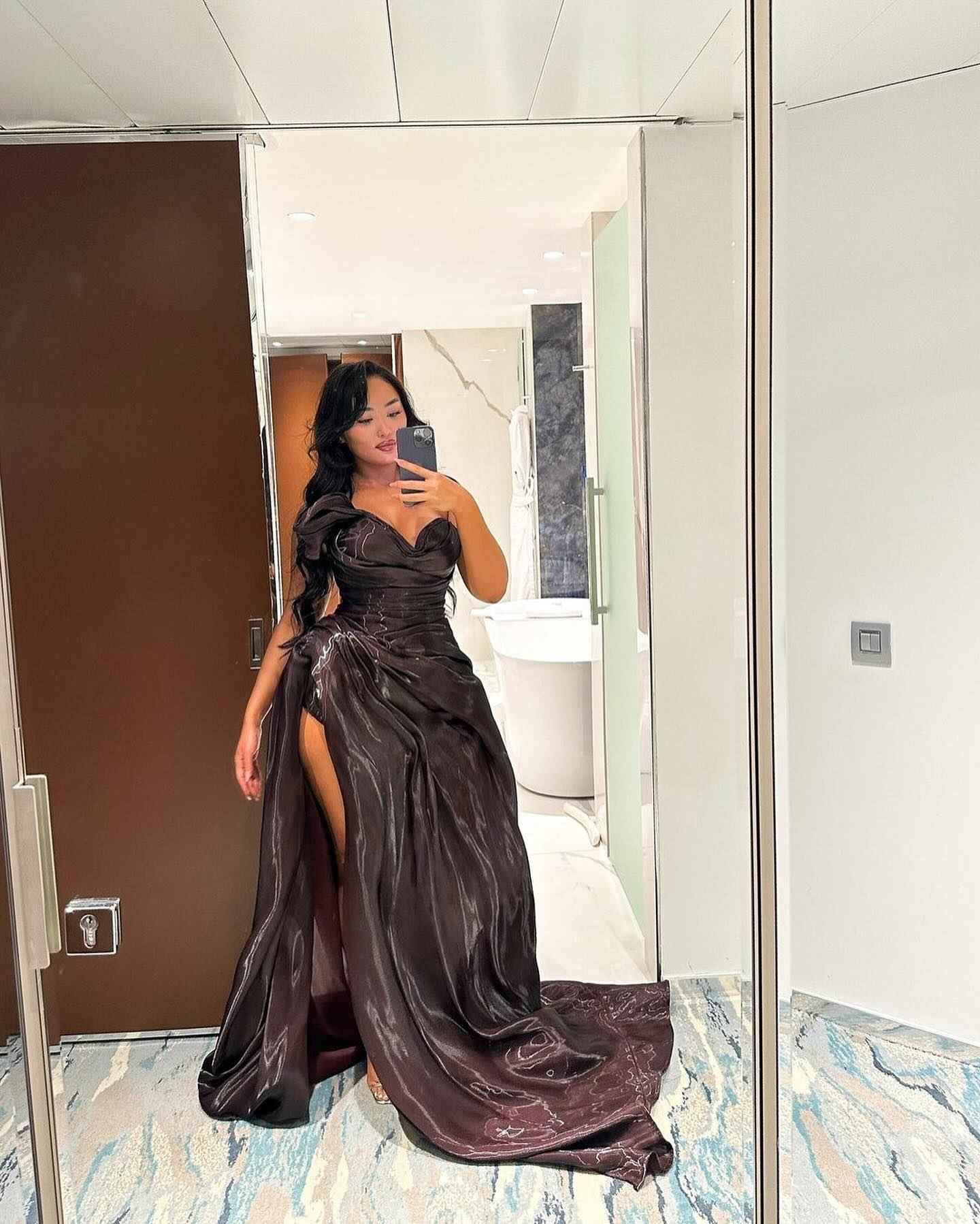 Electric Storm -Satin Prom Dress with Bow Detail