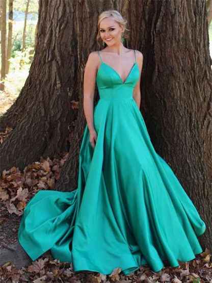 Green A Line V-Neck Spaghetti Straps Satin Long Prom Dress