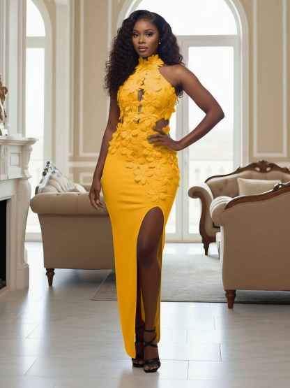 Yellow Halter Neck 3D Flower Mermaid Long Prom Dress with Slit