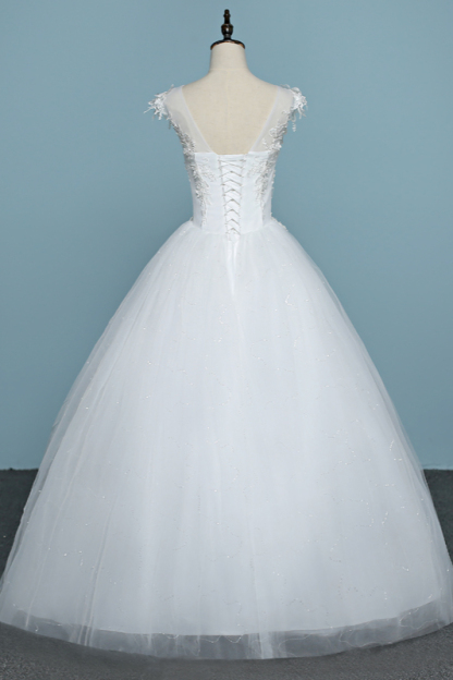 BMbridal Chic Jewel Tulle Lace White Wedding Dress Sleeveless Appliques Bridal Gowns with Flowers Online-BMbridal