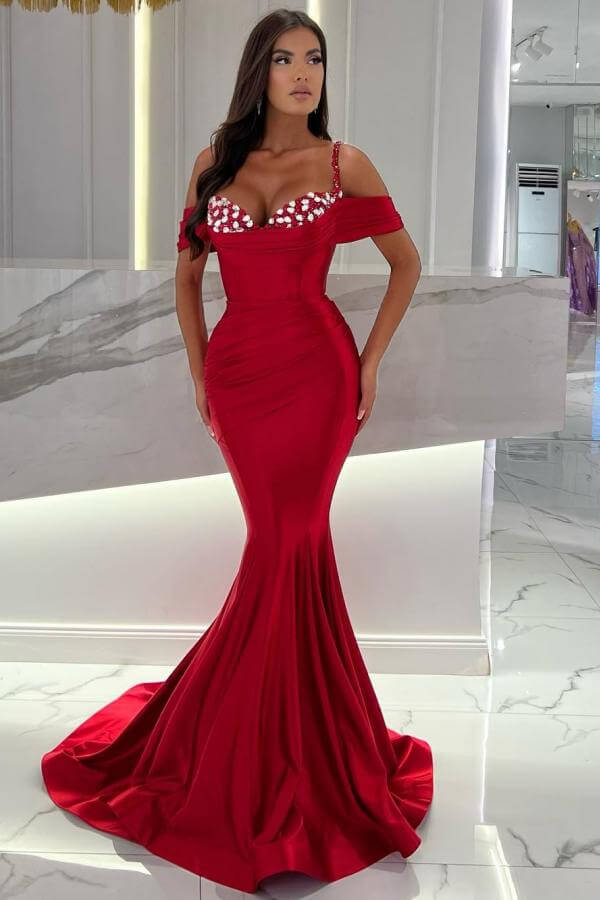 Beautiful Mermaid Off-the-shoulder Sleeveless Rhinestone Satin Prom Dresses
