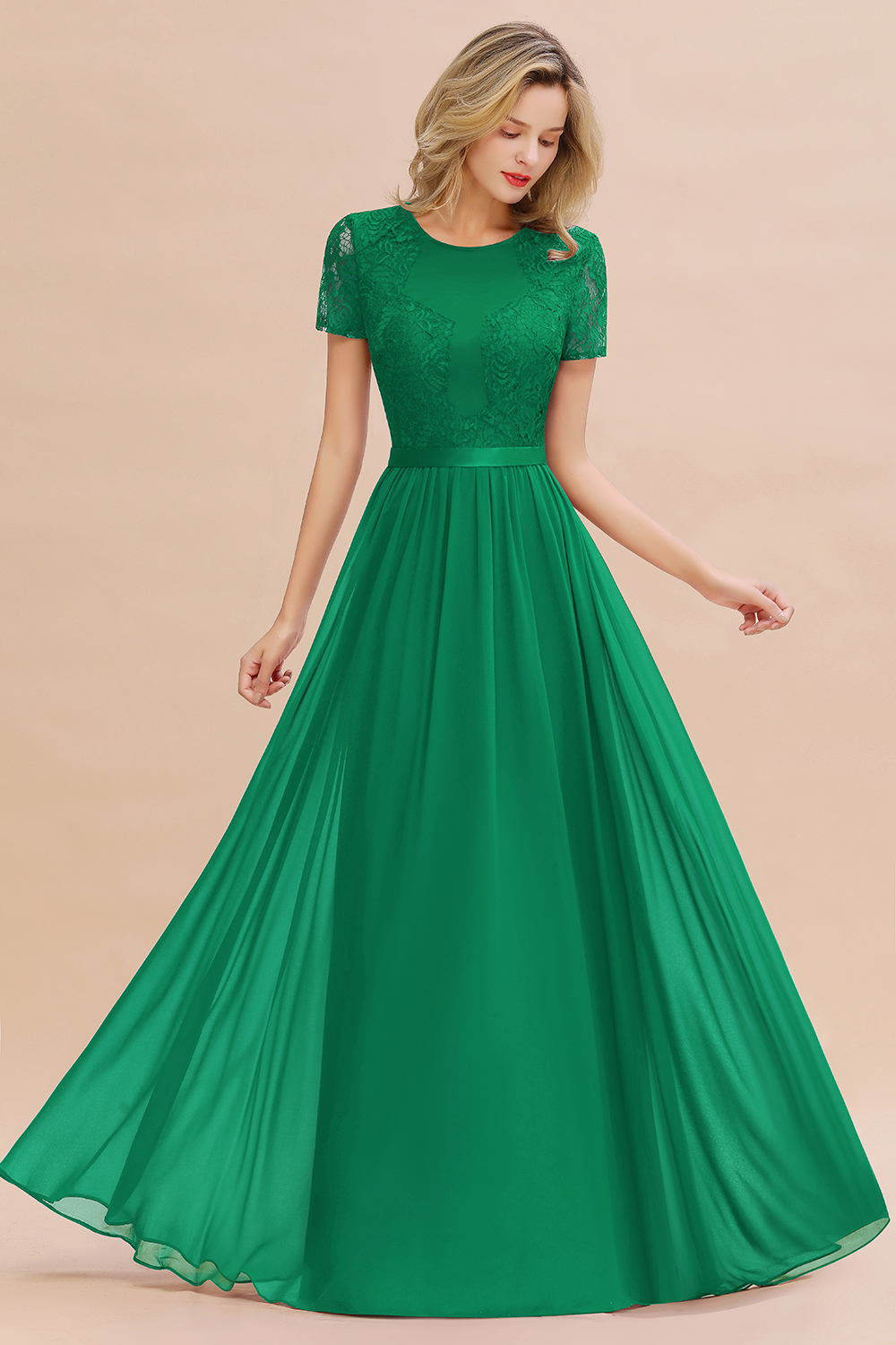 BMbridal Elegant Chiffon Lace Jewel Short-Sleeves Affordable Bridesmaid Dress-BMbridal