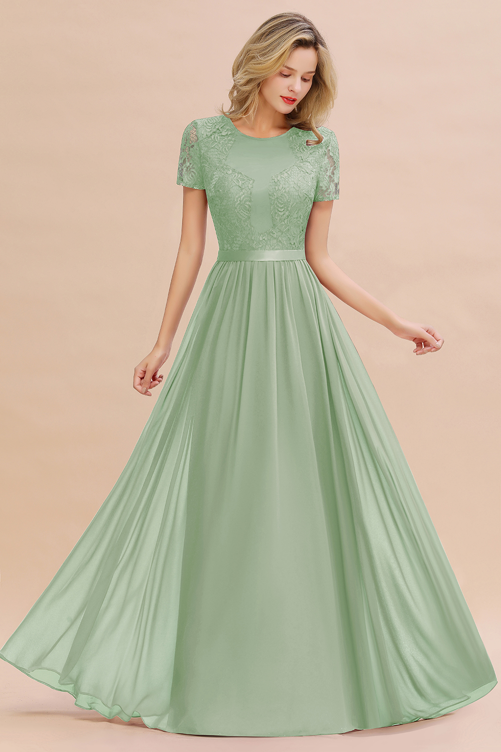 BMbridal Elegant Chiffon Lace Jewel Short-Sleeves Affordable Bridesmaid Dress-BMbridal