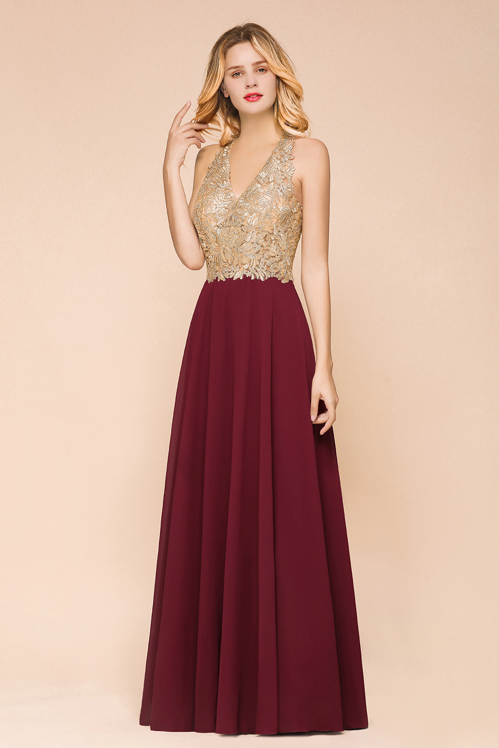 BMbridal Gorgeous V-Neck Burgundy Prom Dress Long Sleeveless Evening Gowns With Appliques