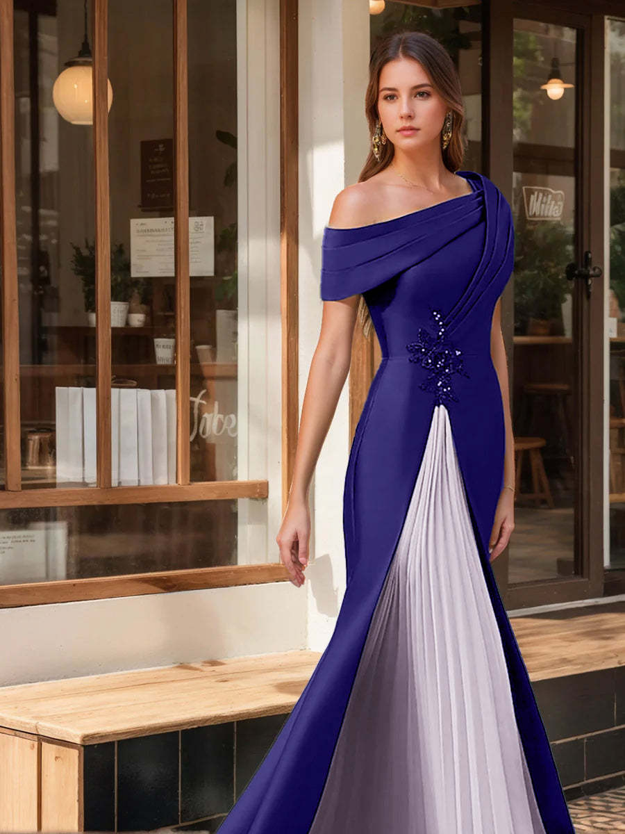 Evening Dresses with Ruffles & Appliques in Trumpet/Mermaid Style and Short One-Shoulder Sleeves-BMbridal
