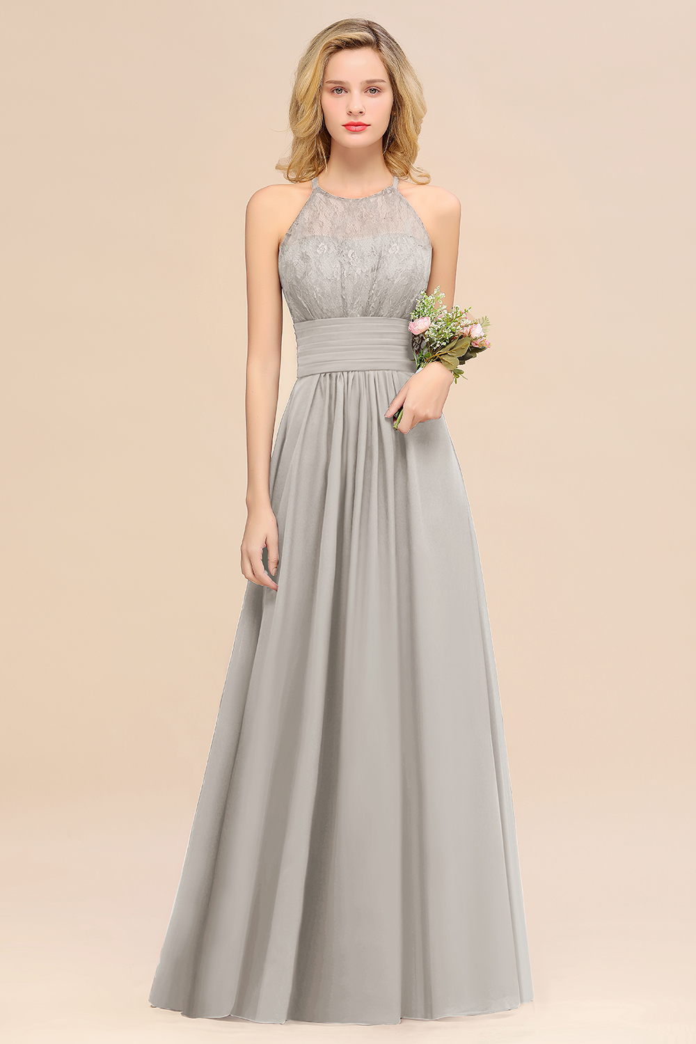 BMbridal Elegant Halter Ruffles Sleeveless Grape Lace Bridesmaid Dresses Affordable-BMbridal