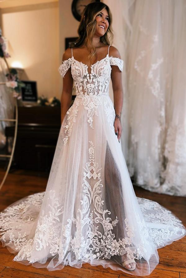 Bmbridal Pretty Off-the-Shoulder Wedding Dress Lace Appliques With Slit-BMbridal