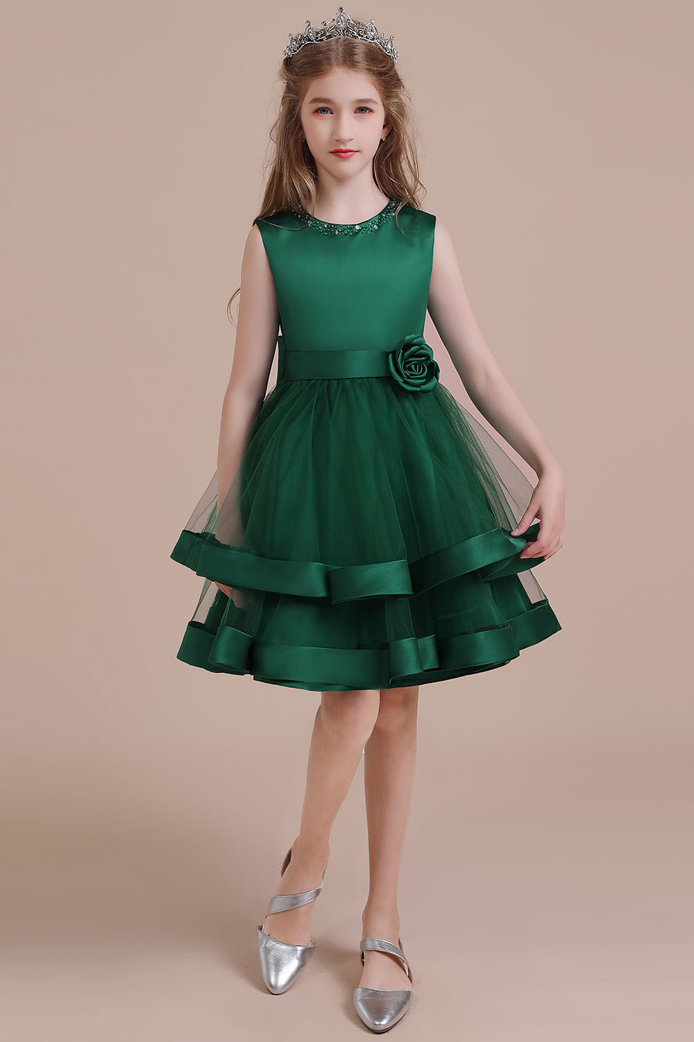 BMbridal A-Line Bow Satin Layered Tulle Flower Girl Dress Online-BMbridal