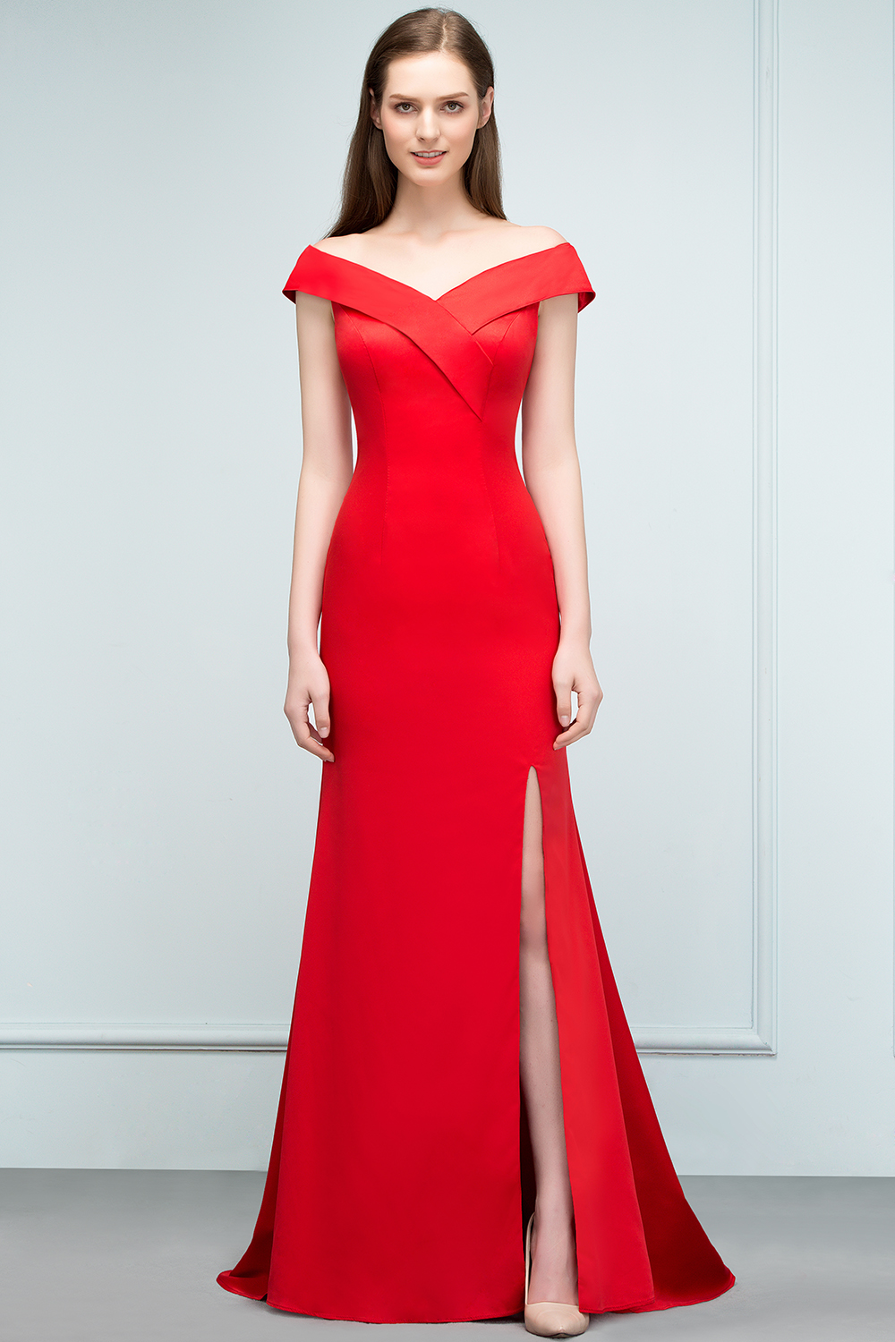 BMbridal Red Off-the-Shoulder Mermaid Prom Dress Long With Split