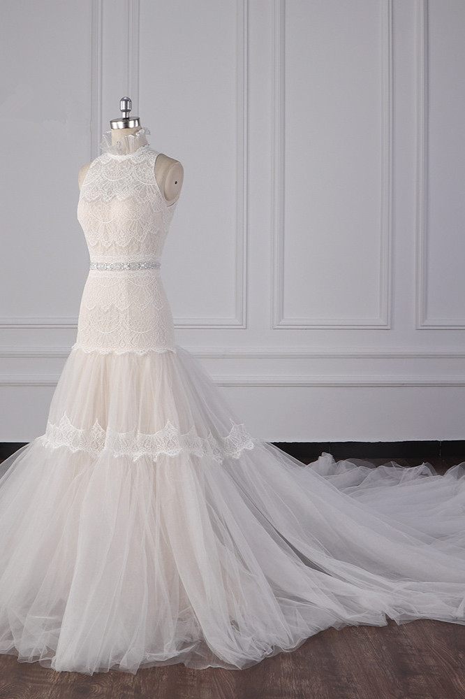 BMbridal Chic High-Neck Tulle Lace Wedding Dress Appliques Sleeveless Bridal Gowns with Beading Sashes Online-BMbridal