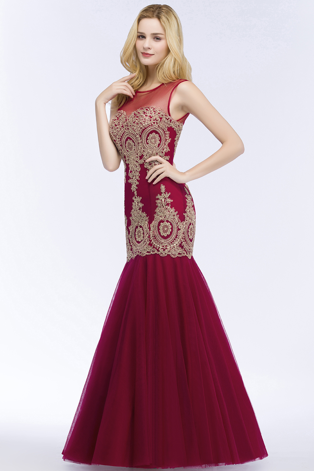 BMbridal Burgundy Lace Appliques Mermaid Prom Dress Long Online