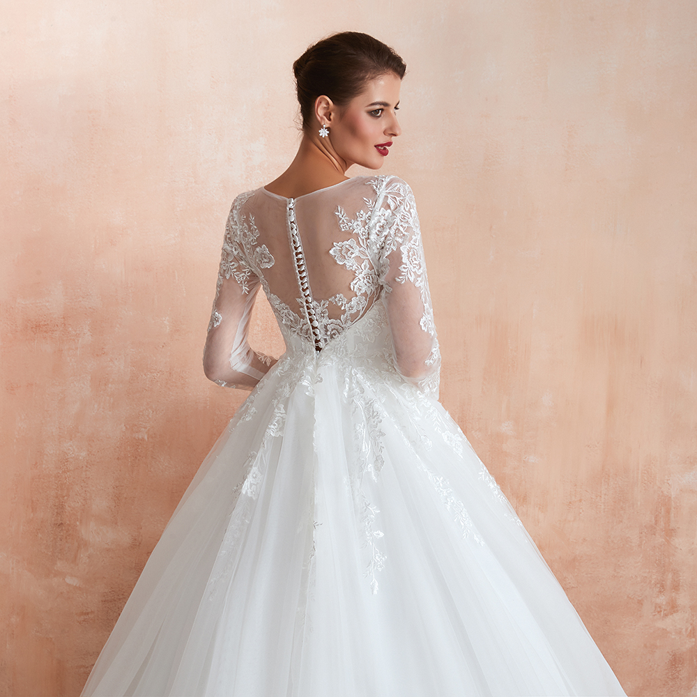 BMbridal Affordable Lace Jewel White Tulle Wedding Dresses with 3/4 Sleeves