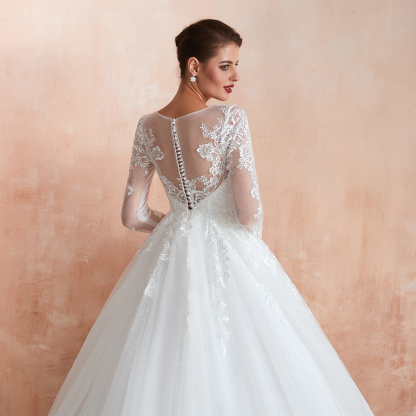 BMbridal Affordable Lace Jewel White Tulle Wedding Dresses with 3/4 Sleeves