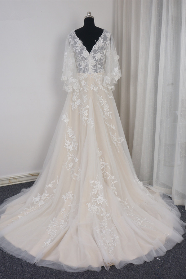 BMbridal Stylish Long Sleeves V-Neck Tulle Wedding Dress A-Line Appliques Ruffles Bridal Gown Online-BMbridal