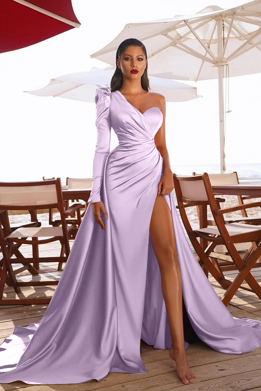 Glamorous One Shoulder Long Sleeve Long Pleated Prom Dress With High Split