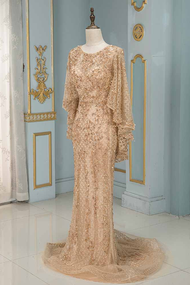 BMbridal Elegant Jewel Long Sleeves Mermaid Prom Dresses with Appliques Beadings