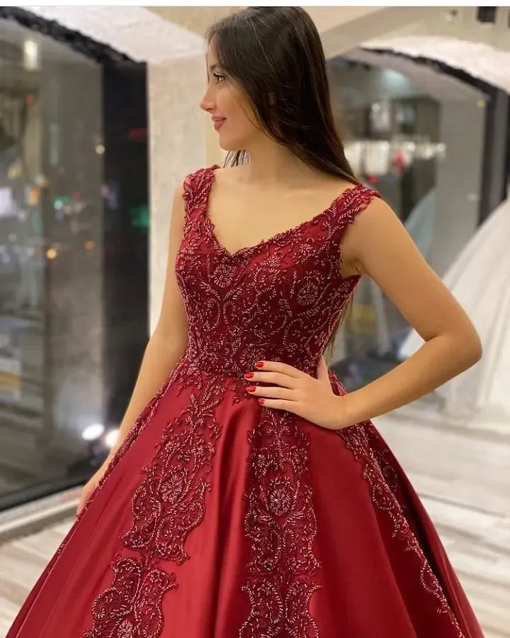 Glamorous Backless A-Line Satin Ruffles V-Neck Train Wedding Dress with Appliques Beading