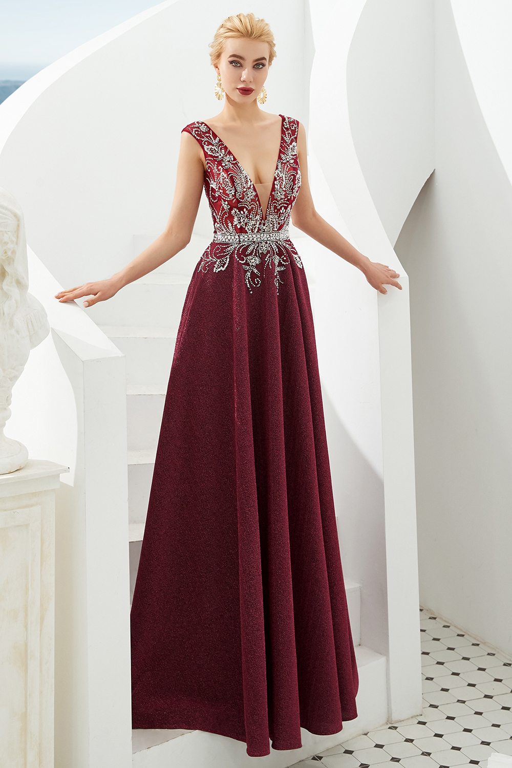 BMbridal Shinning Bugrundy Crystal  Prom Dress Long V-Neck Sleeveless Evening Gowns