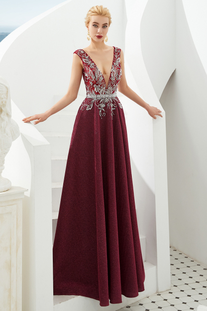 BMbridal Shinning Bugrundy Crystal  Prom Dress Long V-Neck Sleeveless Evening Gowns