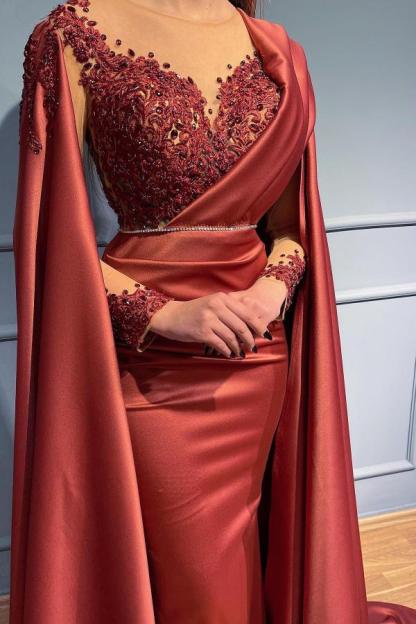 Bmbridal Rust Long Sleeves Mermaid Prom Dress Appliques Beads With Cape