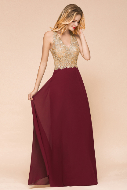 BMbridal Gorgeous V-Neck Burgundy Prom Dress Long Sleeveless Evening Gowns With Appliques